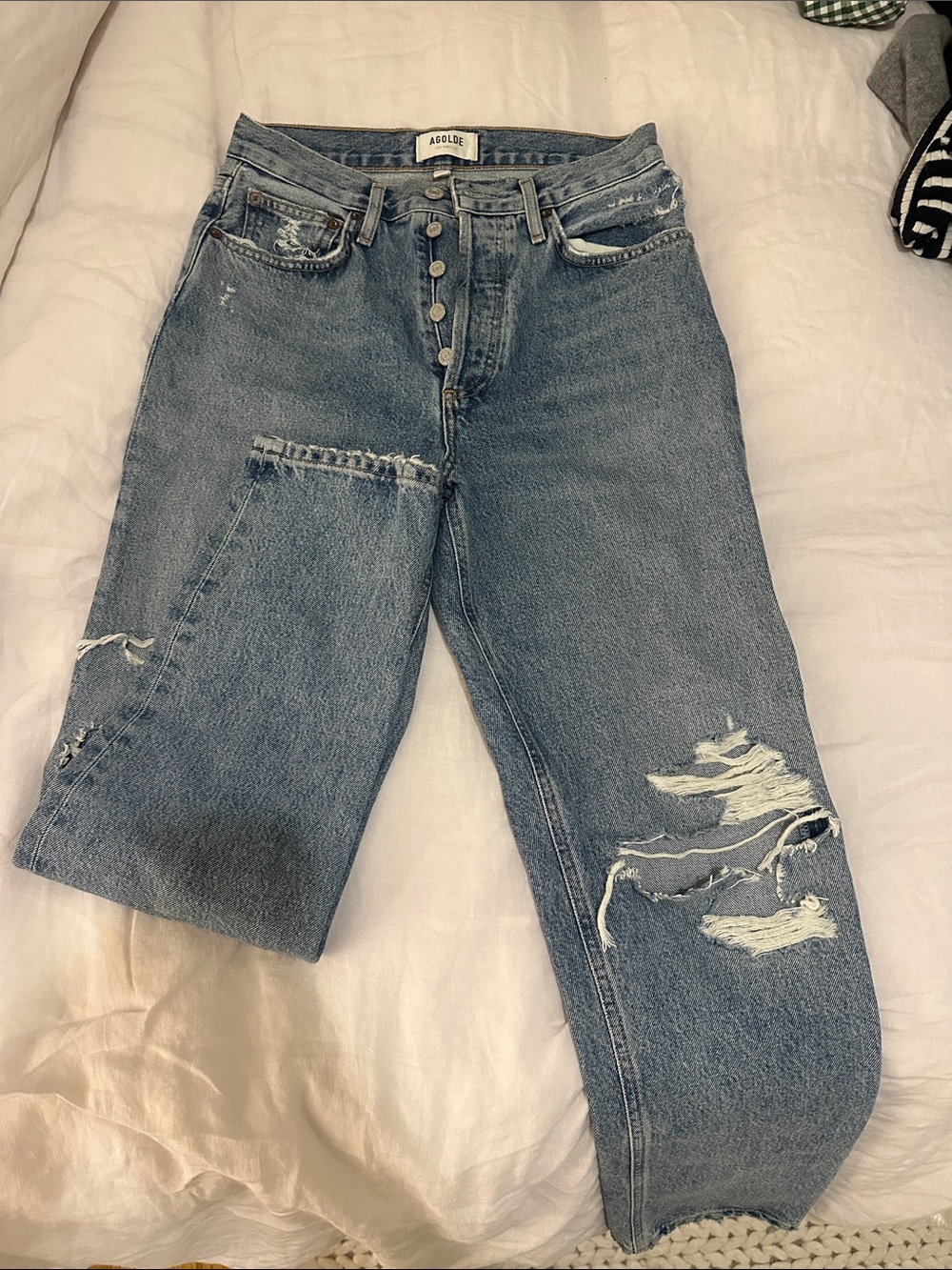 Agolde Light Blue Distressed Straight Leg Jeans